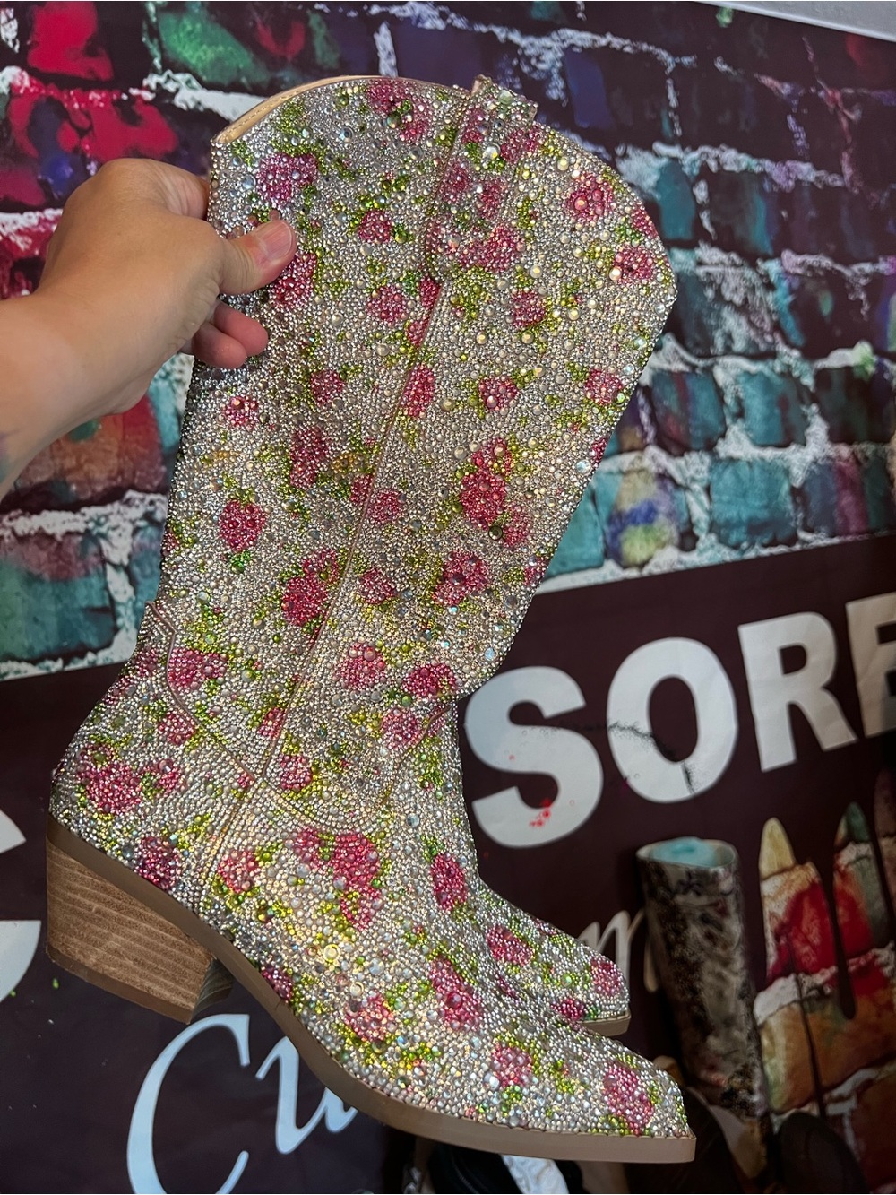 Betsey Johnson crystal rhinestone floral cowboy boots s8.5